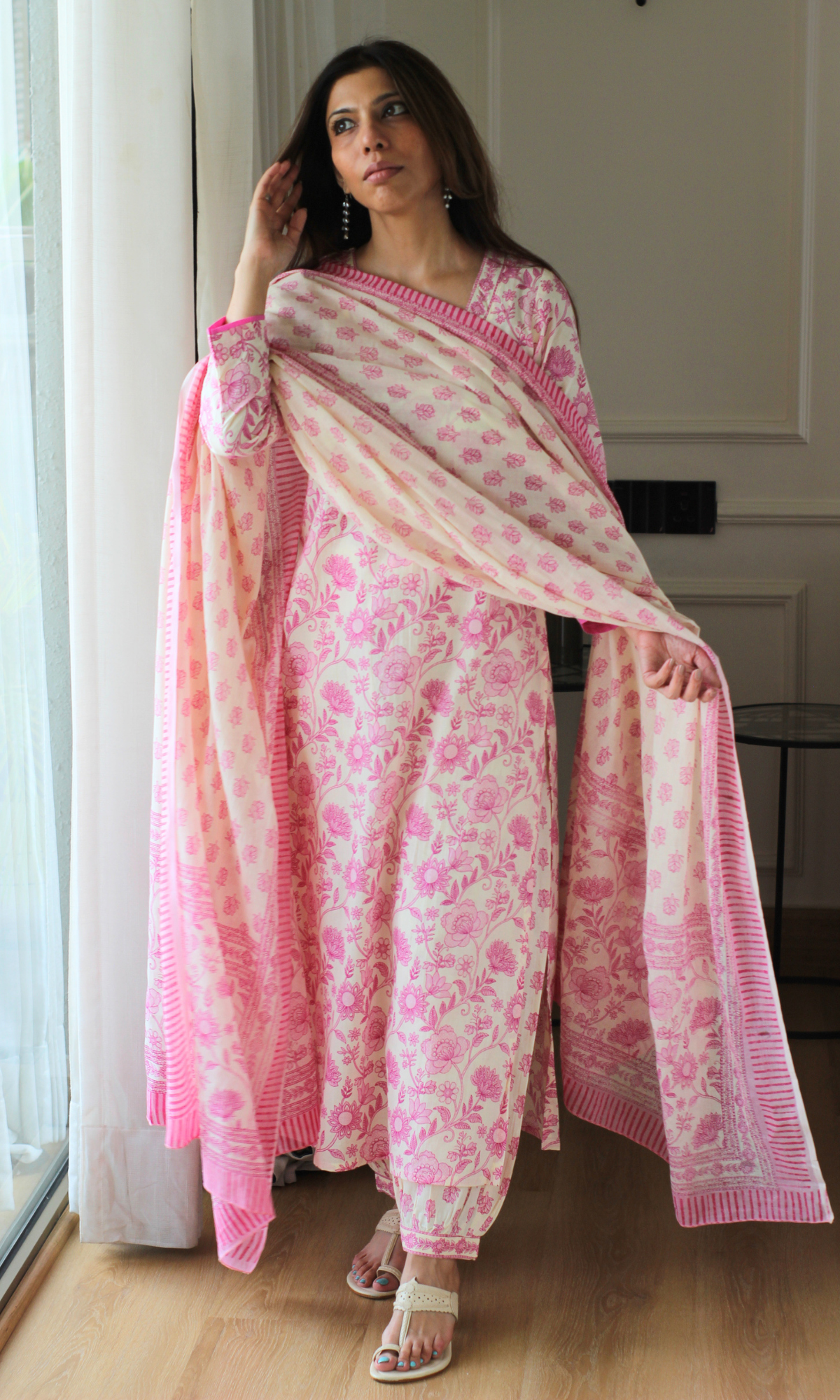 Rose Pink Garden Block Print Cotton Kurta, Afghani Pant and Mul Printed Dupatta