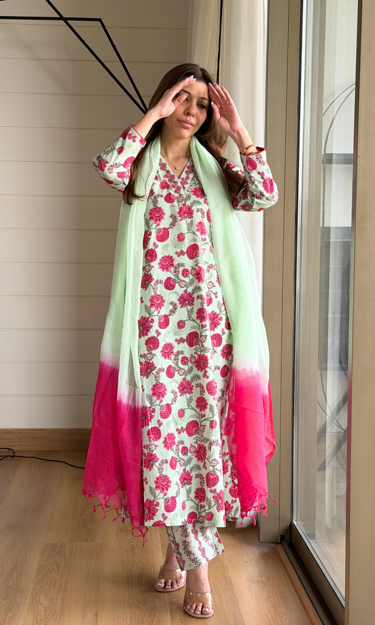 Cotton Dew Green & Pink Floral Block Printed Kurta, Pant & Kota Doria Ombre Dupatta