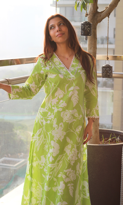 Cotton Fresh Lime A Line Printed Kurta & Pants