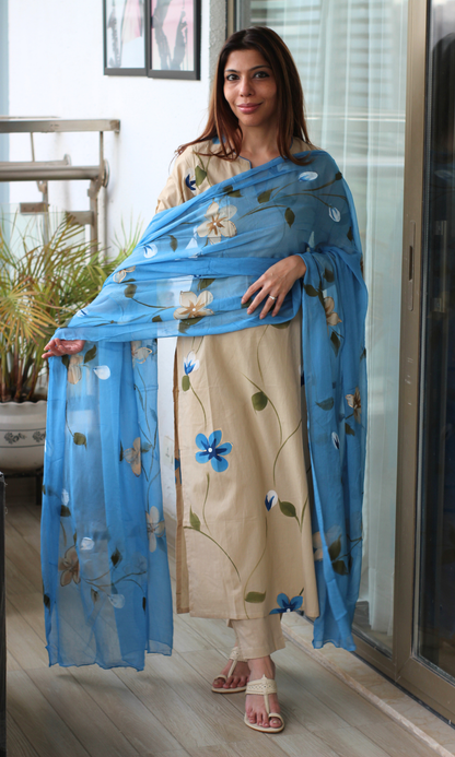 Beige & Blue Hand Brush Painted Kurta, Chiffon Handpainted Dupatta & Cotton Pants