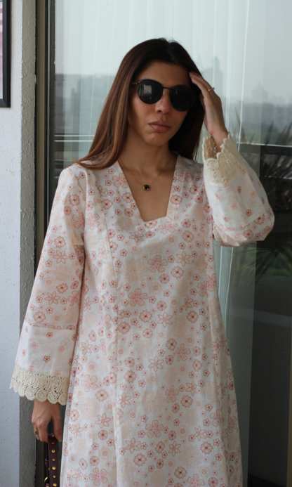 Pearl Floral High Low Kurta with Cotton Printed Pants