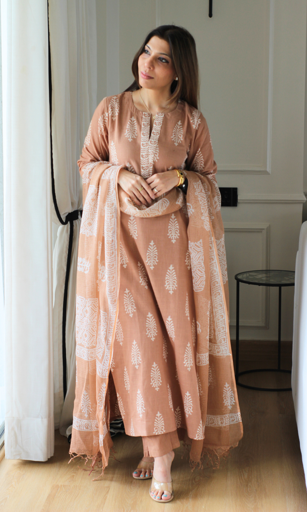 Mocha Haze Cotton Slub Handblock Printed Kurta, Pant & Kota Doria Printed Dupatta