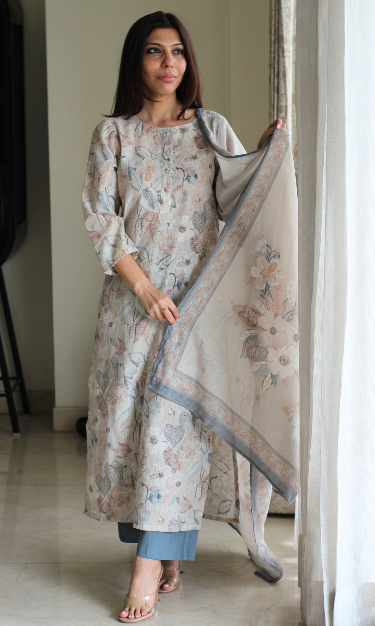 Duchessé Beige Linen Blend Printed Kurta , Dupatta & Cotton Bottoms