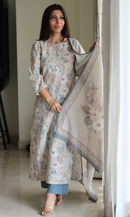 Duchessé Beige Linen Blend Printed Kurta , Dupatta & Cotton Bottoms