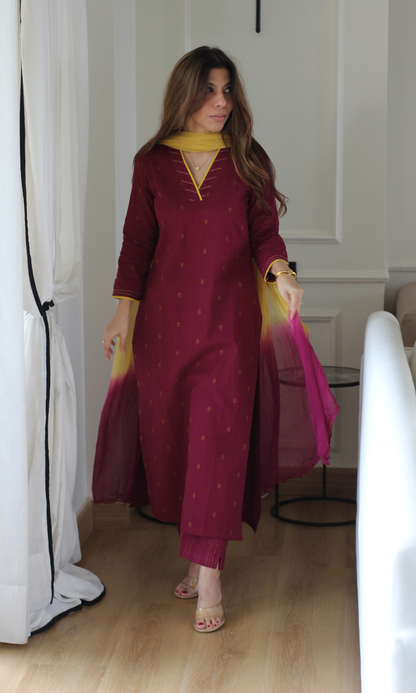 Plum Handloom Cotton Dobby Kurta, Pant & Chiffon Ombre Dupatta