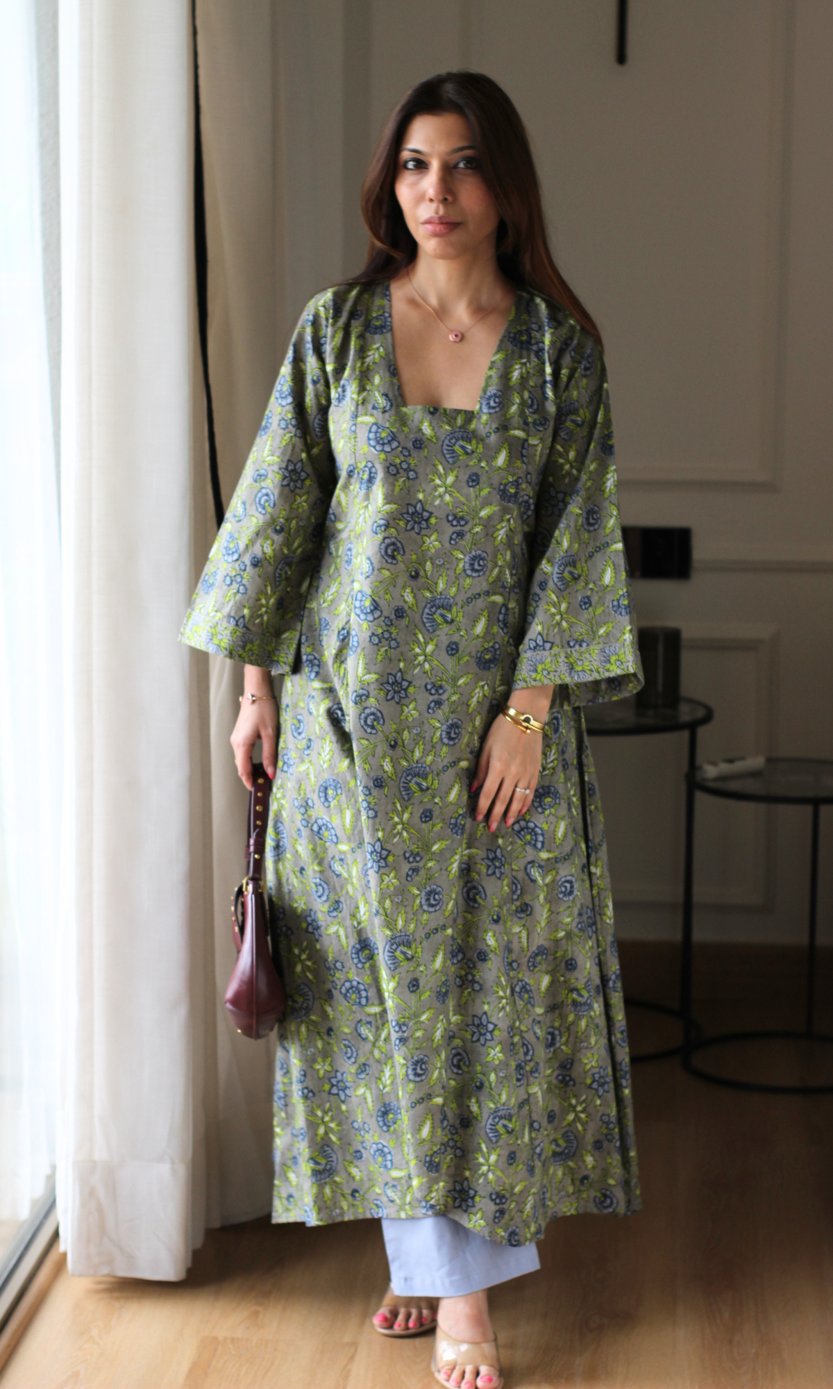 Olive Ash Vine Handblock Print High Low Kurta & Cotton Pants