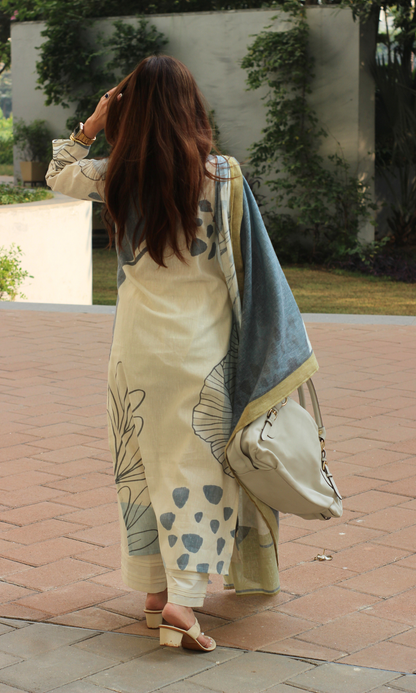 Linen Blend Beige Dunes Kurta, Dupatta & Cotton Pants