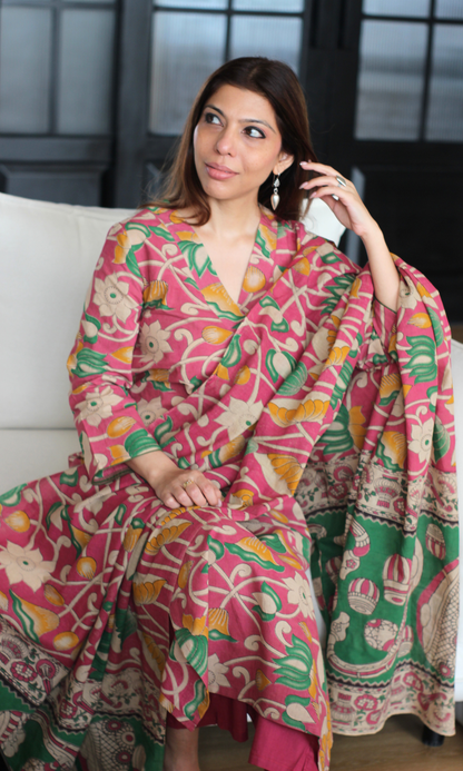 Cotton Rani Pink & Green Handblock Kalamkari Kurta, Dupatta & Cotton Pants