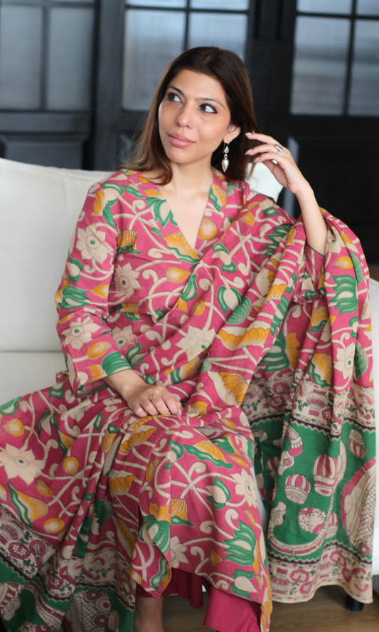 Cotton Rani Pink & Green Handblock Kalamkari Kurta, Dupatta & Cotton Pants