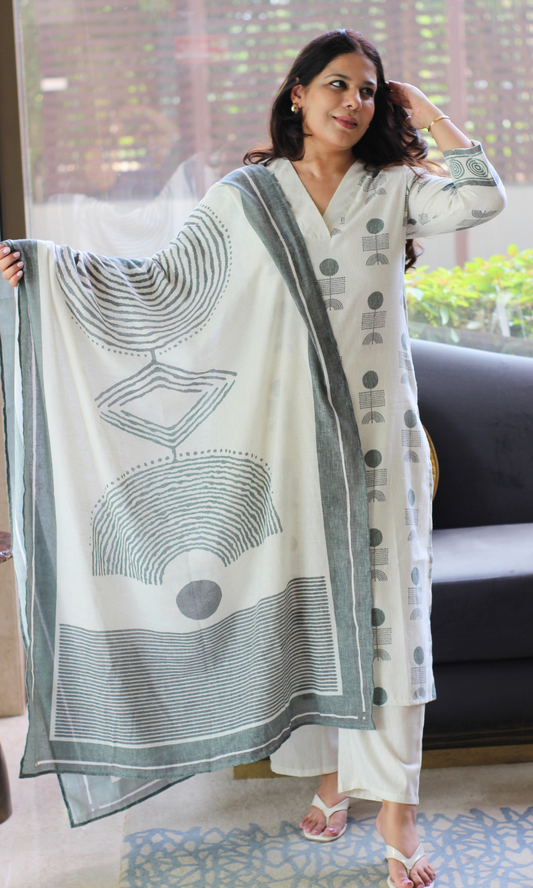 Linen Blend Off White Leaf Print Kurta, Dupatta & Cotton Pants