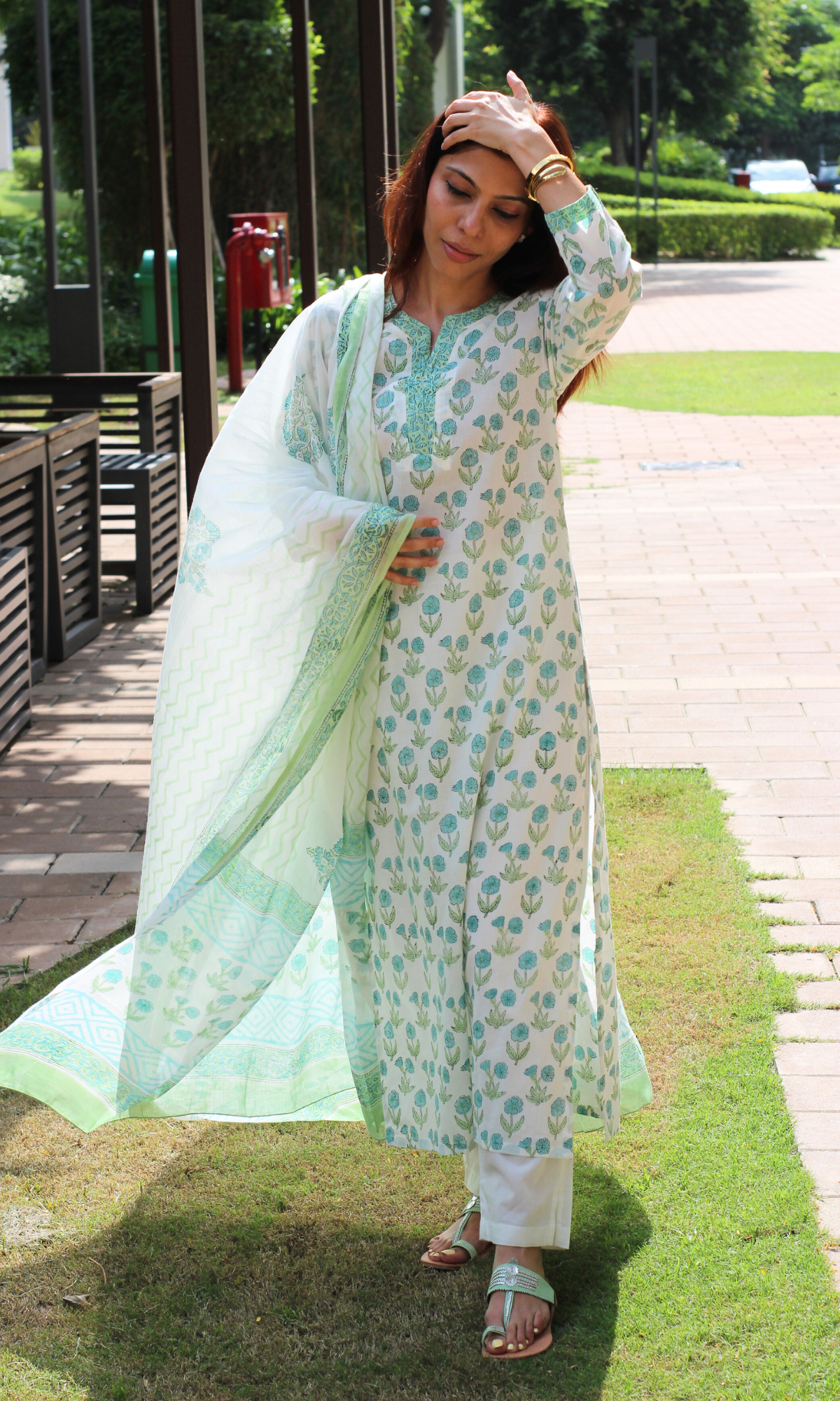 White Morning Dew Handblock Printed Kurta, Dupatta & Cotton Pants