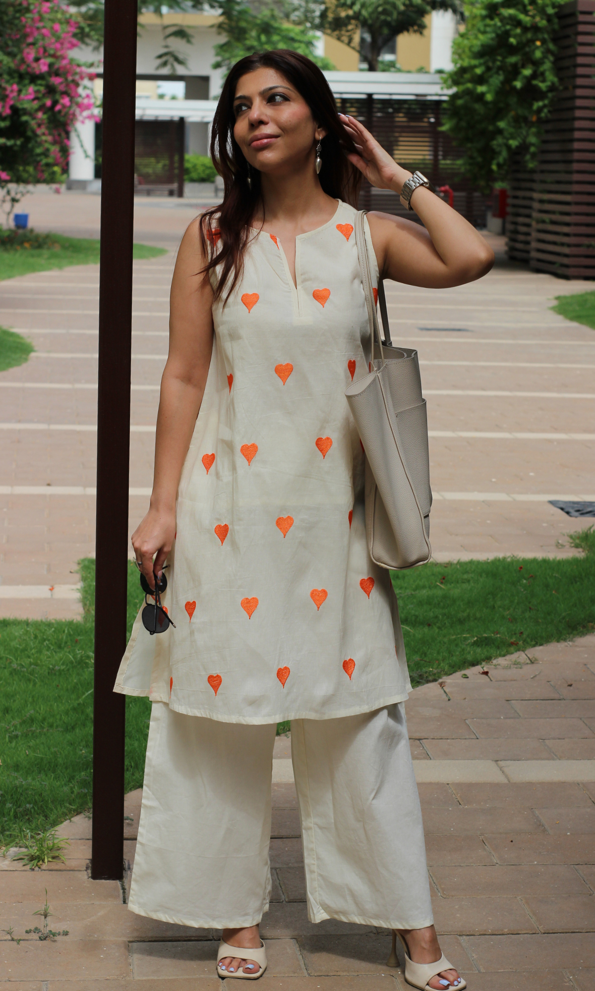 Cotton Ivory Tangerine Heart  Embroidered Co-ord