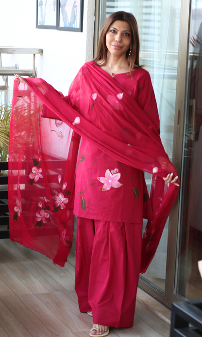 Cotton Mulberry Handbrush Painted Kurta, Chiffon Hand Painted Dupatta & Farshi Salwar