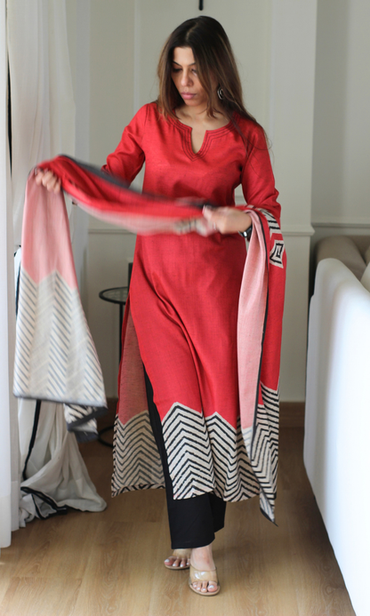 Cotton Silk Blend Red & Black Printed Kurta, Dupatta & Cotton Pants