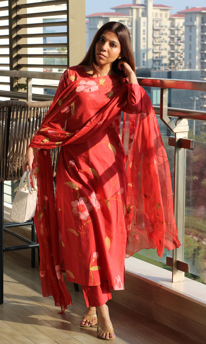 Cotton Coral Handbrush Painted Suit with Chiffon Handpainted Dupatta