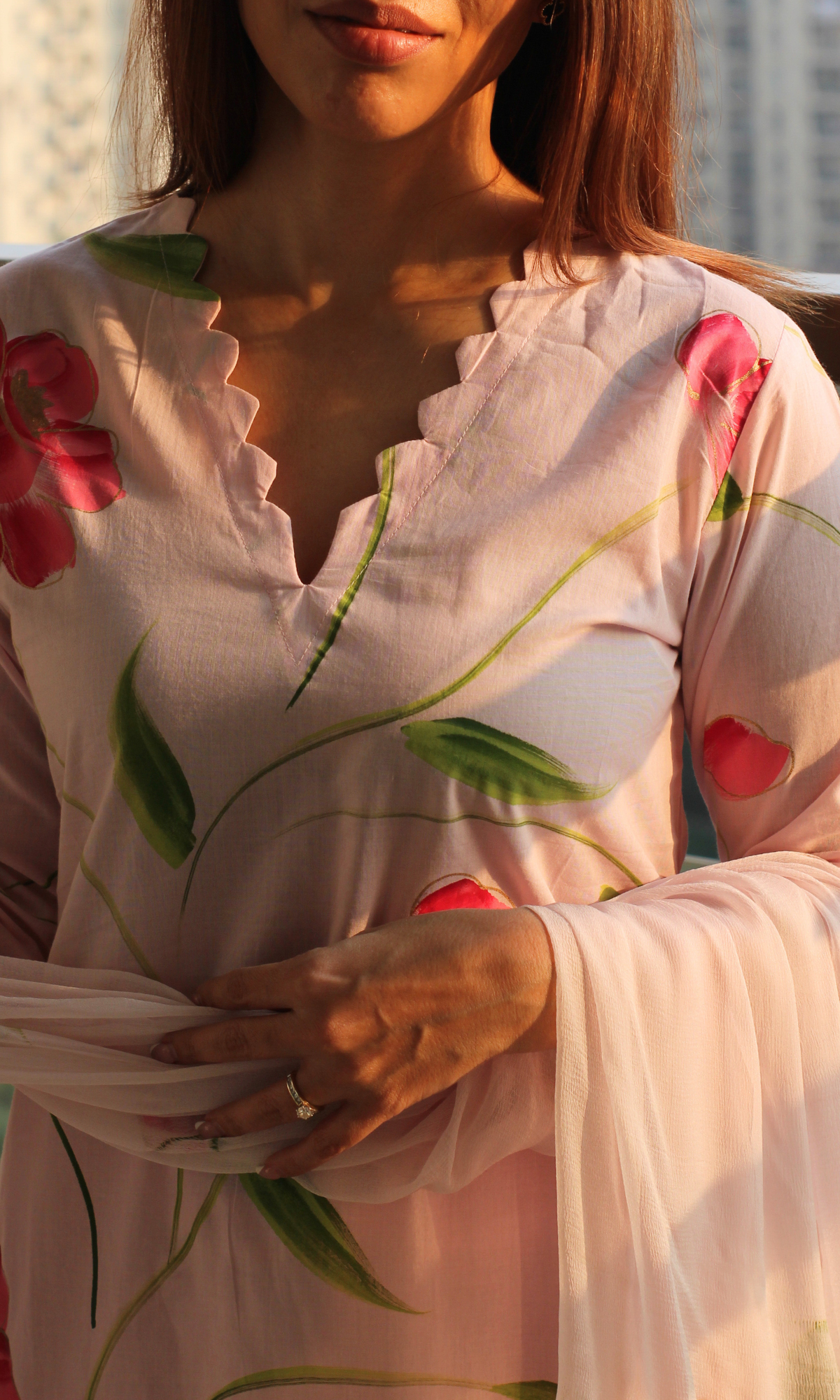 Pink & Magenta Handbrush Painted Kurta, Chiffon Handpainted Dupatta & Cotton Pants