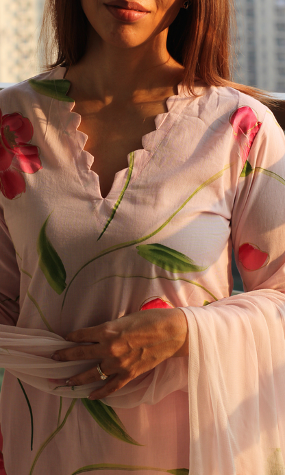 Pink & Magenta Handbrush Painted Kurta, Chiffon Handpainted Dupatta & Cotton Pants