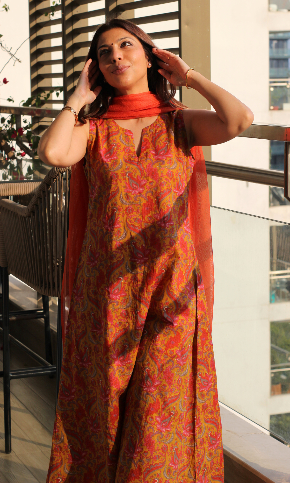 Gulnaar Peela A Line Printed Kurta, Pant & Omre Kota Dupatta