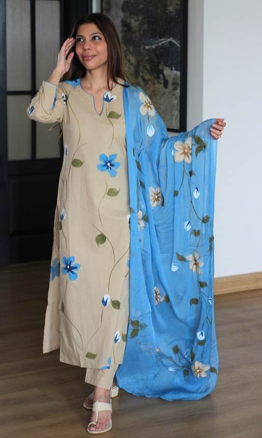 Beige & Blue Hand Brush Painted Kurta, Chiffon Handpainted Dupatta & Cotton Pants
