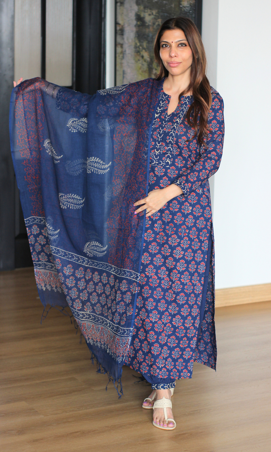 Badmeri Blue Ajrakh Handblock Kurta, Kota Doria Handblock Dupatta & Cotton Afgani Pants