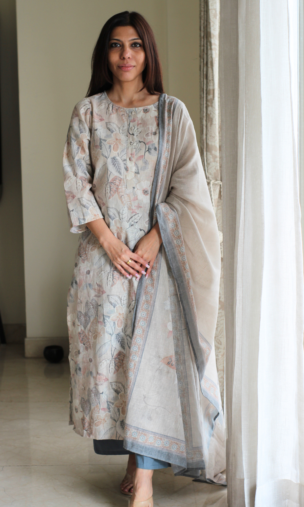 Duchessé Beige Linen Blend Printed Kurta , Dupatta & Cotton Bottoms