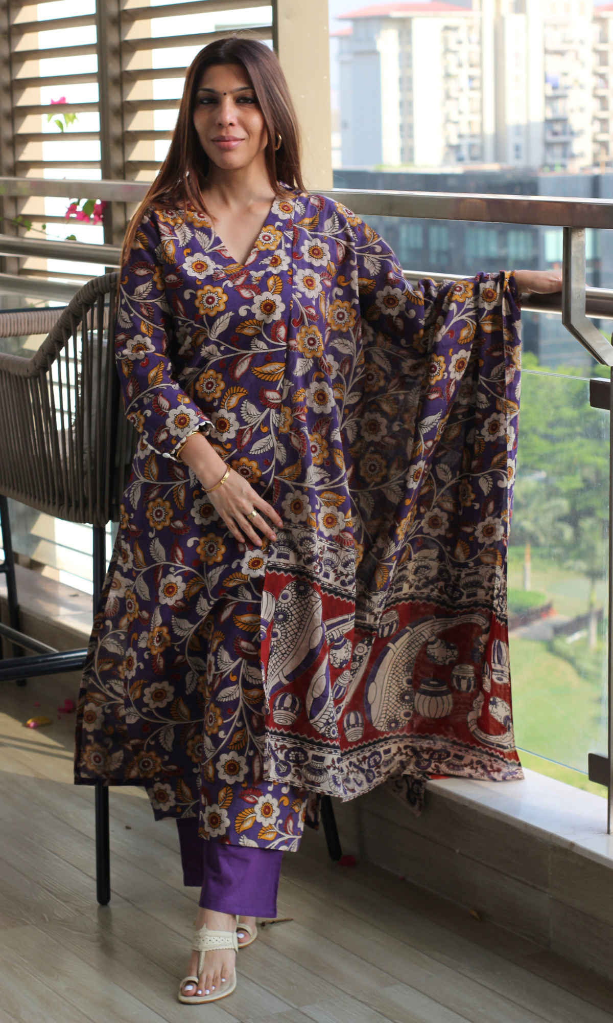 Deep Purple Handblock Kalamkari Kurta, Cotton Handblock Dupatta & Pants