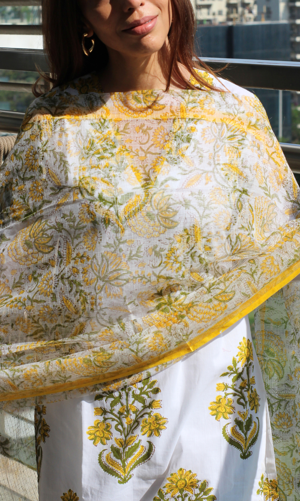White & Yellow Handblock  Mughal Print Kurta , Kota Doria Dupatta & Cotton Pants