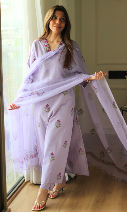 Kahani Mughal Lavender Cotton Kurta, Pant & Kota Doria Handblock Print Dupatta