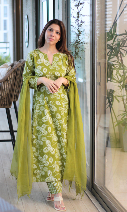 Sage Green Printed Kurta, Pant & Kota Doria Dupatta