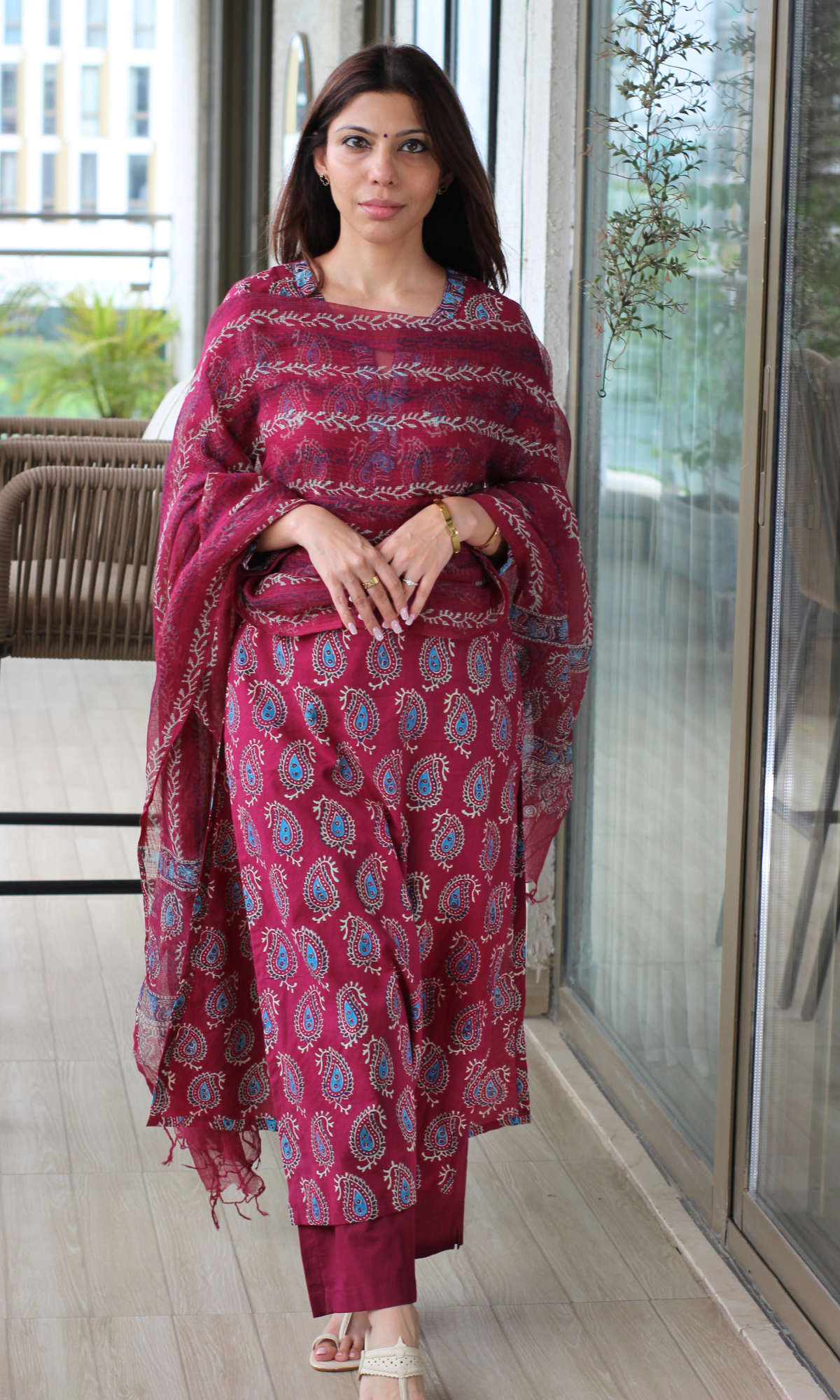 Berry & Blue Badmeri Prin Kurta, Kota Doria Dupatta & Cotton Pants