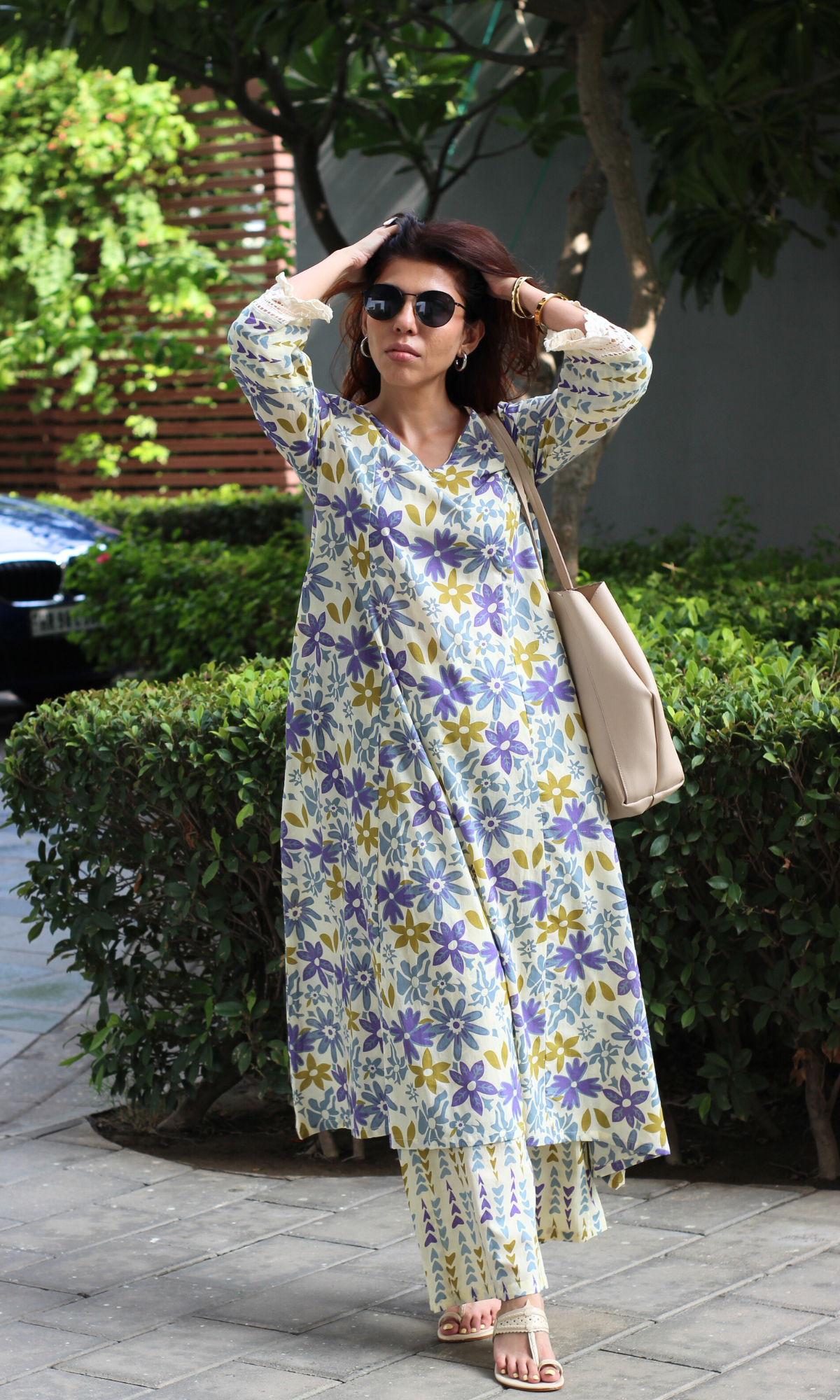 Cotton Beige & Purple Floral Haze Printed High low Kurta & Pant