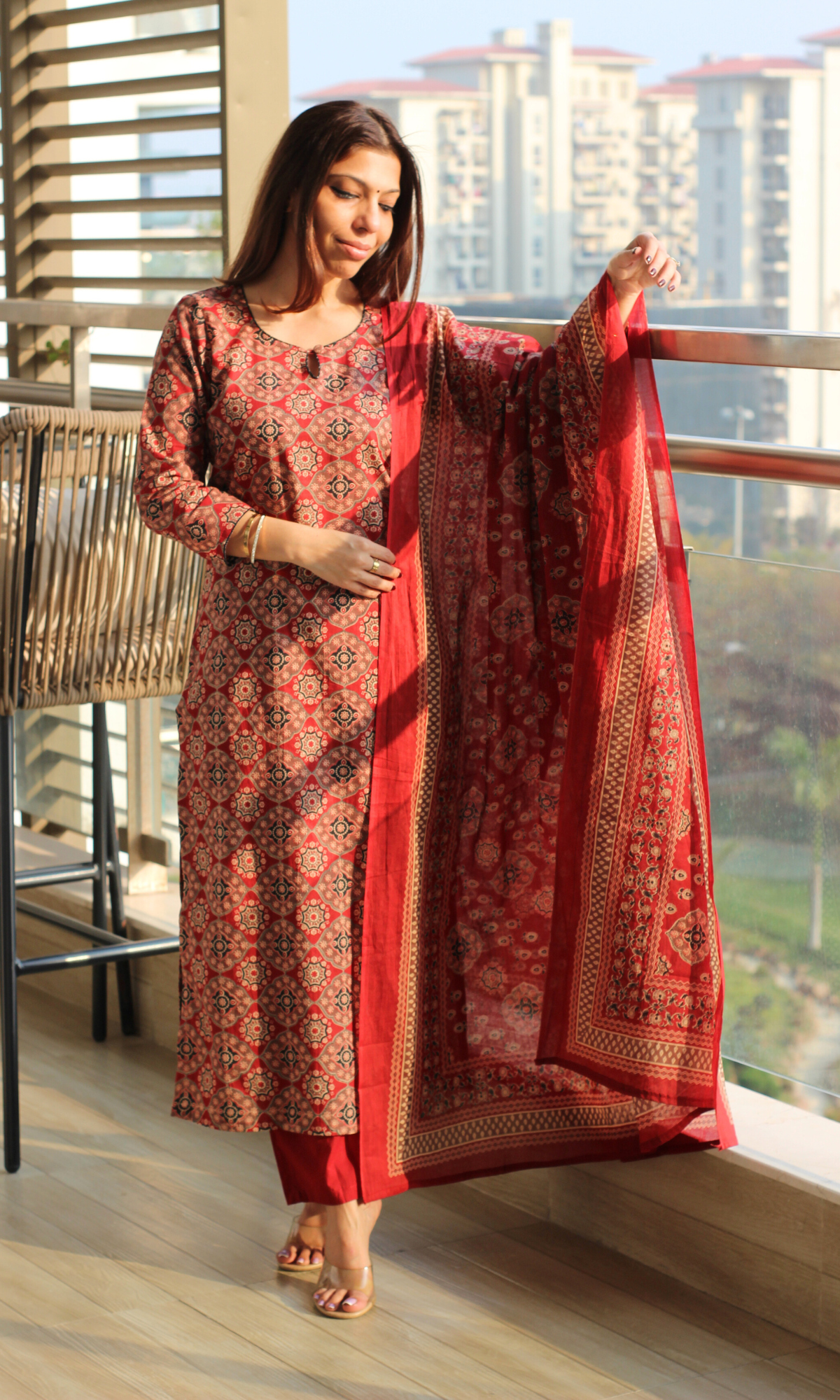 Red & Black Cotton Ajrakh Print Kurta, Dupatta & Pants