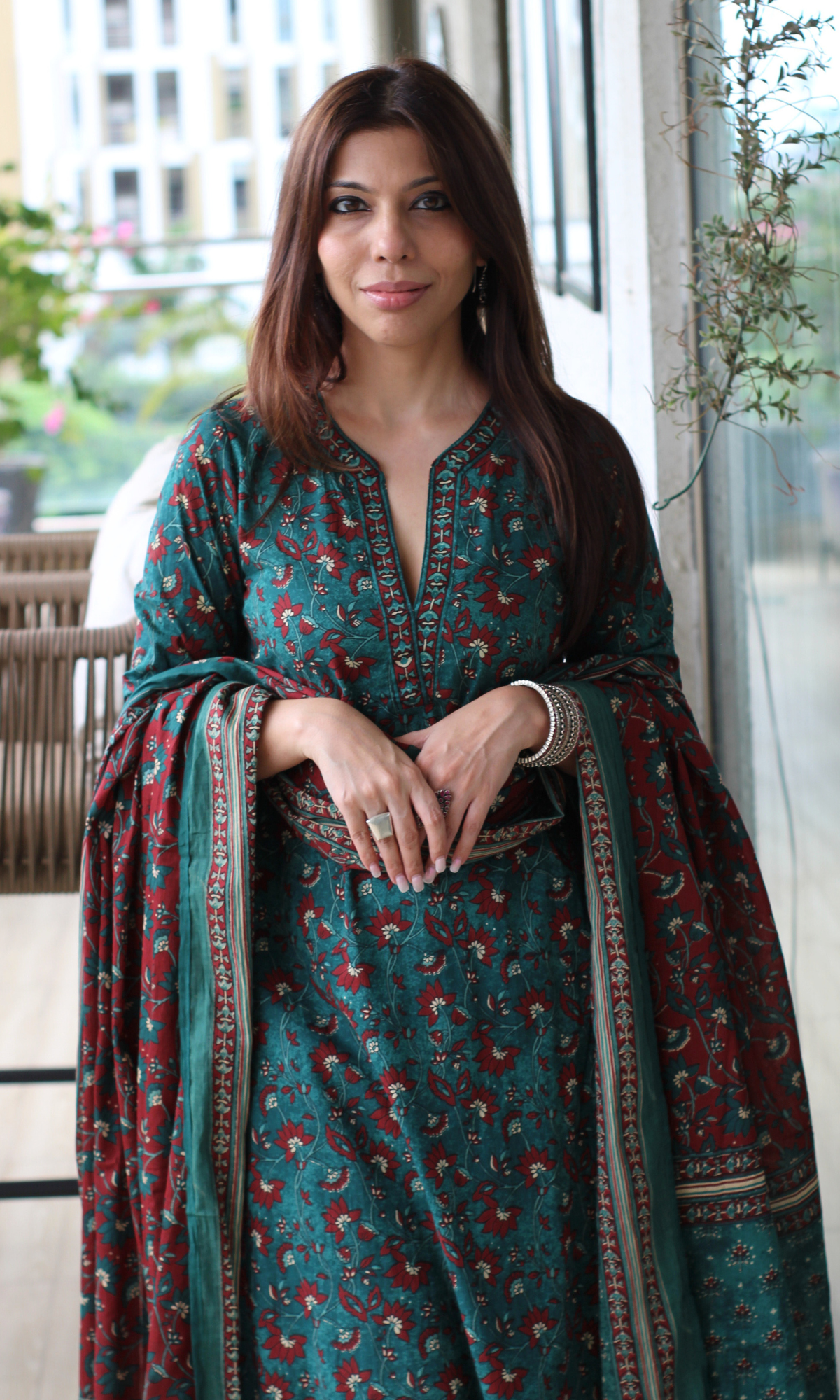 Firdaus Green & Red Block Printed Kurta , Dupatta & Cotton Pants