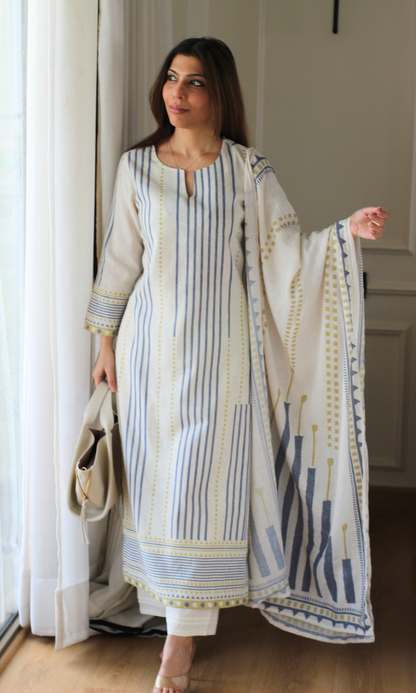 Morning Tide Linen Blend Kurta, Dupatta & Cotton Pants