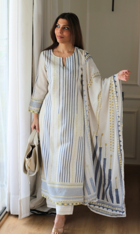 Morning Tide Linen Blend Kurta, Dupatta & Cotton Pants