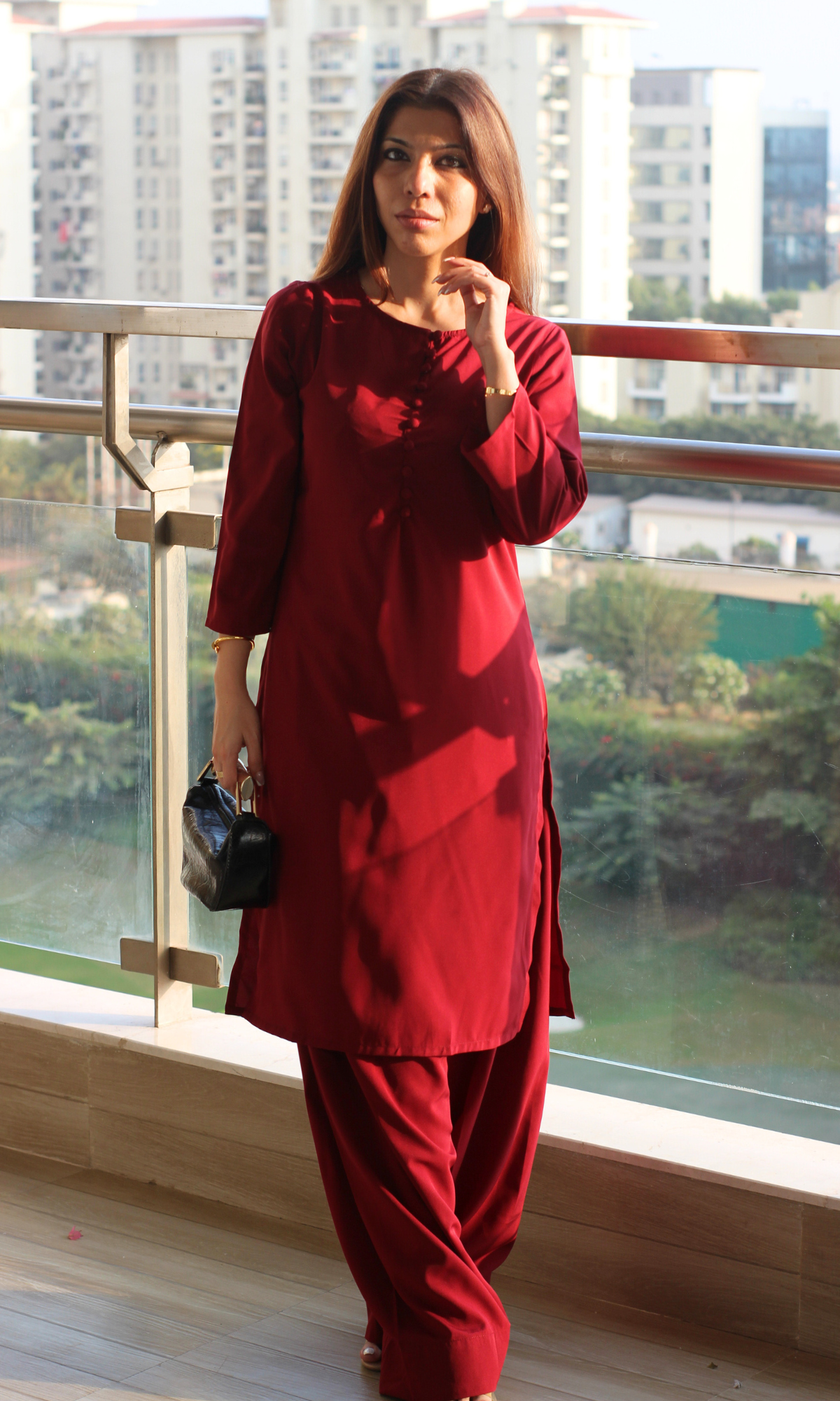 Ruby Glossy Boat Neck Buttoned Kurta with Farshi Salwaar