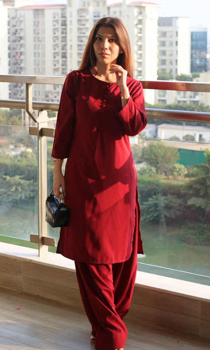 Ruby Glossy Boat Neck Buttoned Kurta with Farshi Salwaar