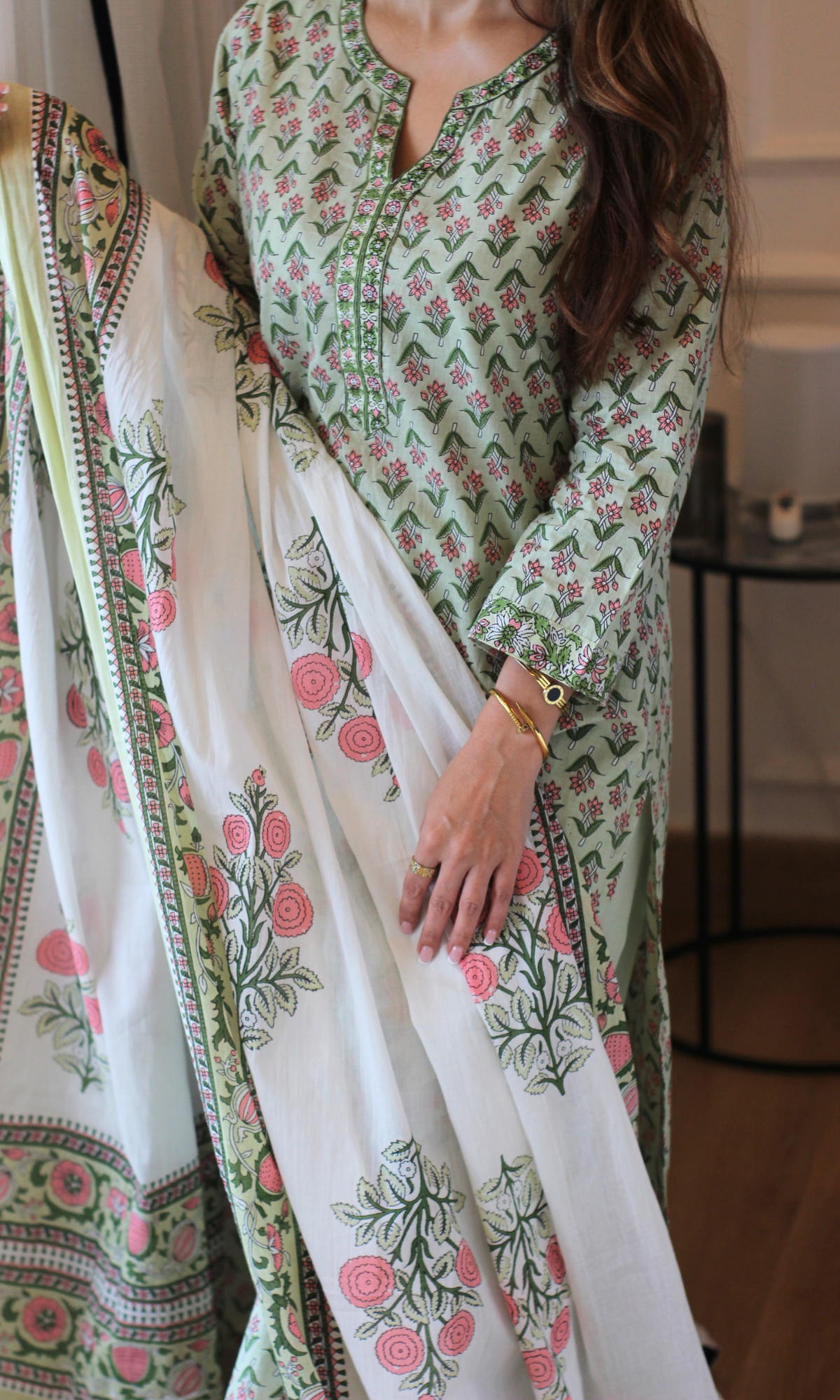 Sage Garden Block Print Kurta, Dupatta & Cotton Afgani Pants