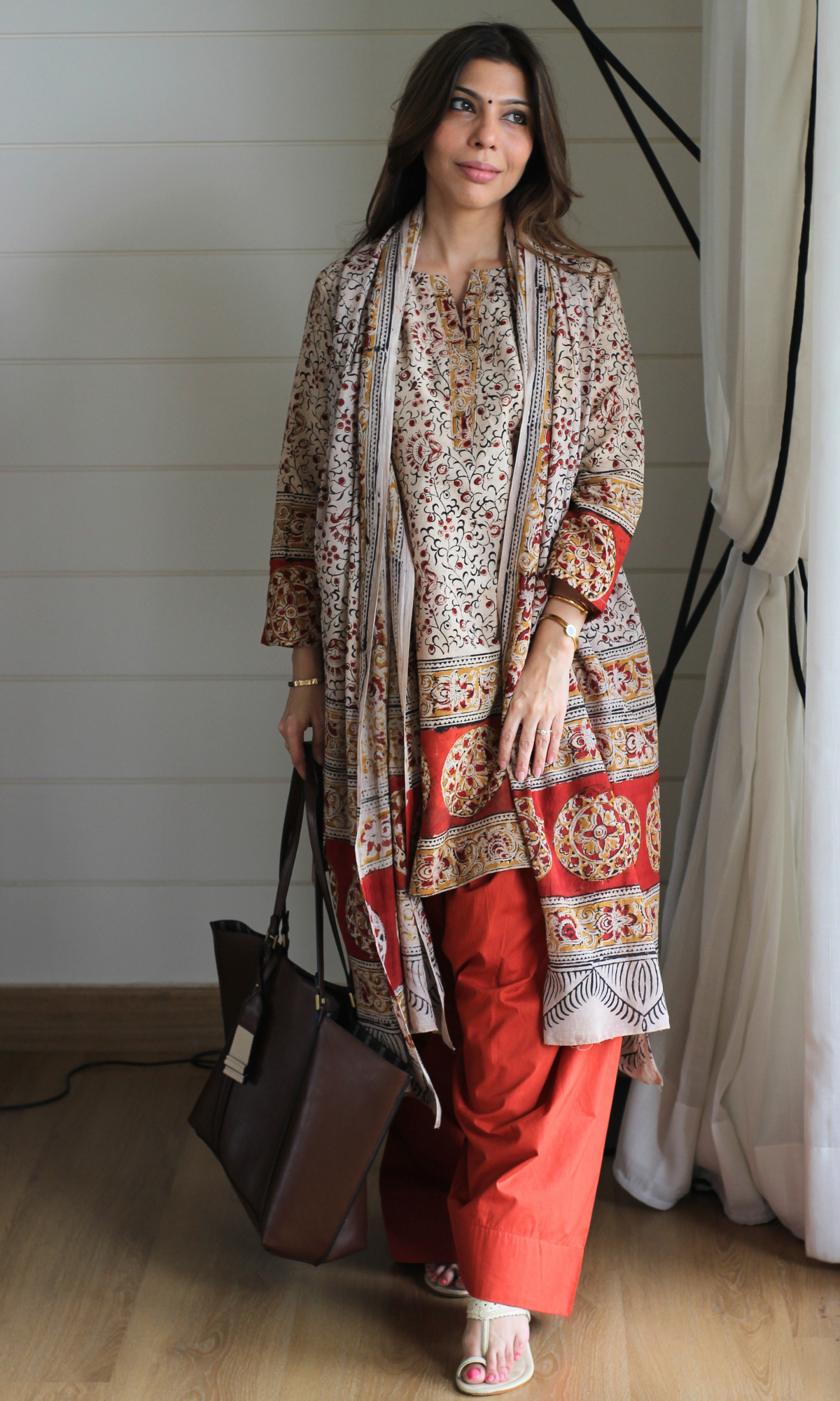 Beige & Red Handblock Kalamkari Print Kurta , Dupatta & Cotton Farshi Salwaar