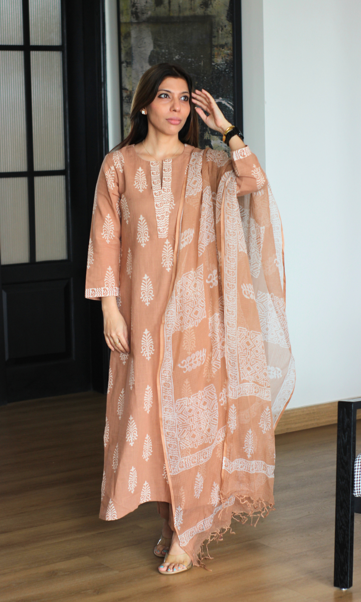 Mocha Haze Cotton Slub Handblock Printed Kurta, Pant & Kota Doria Printed Dupatta