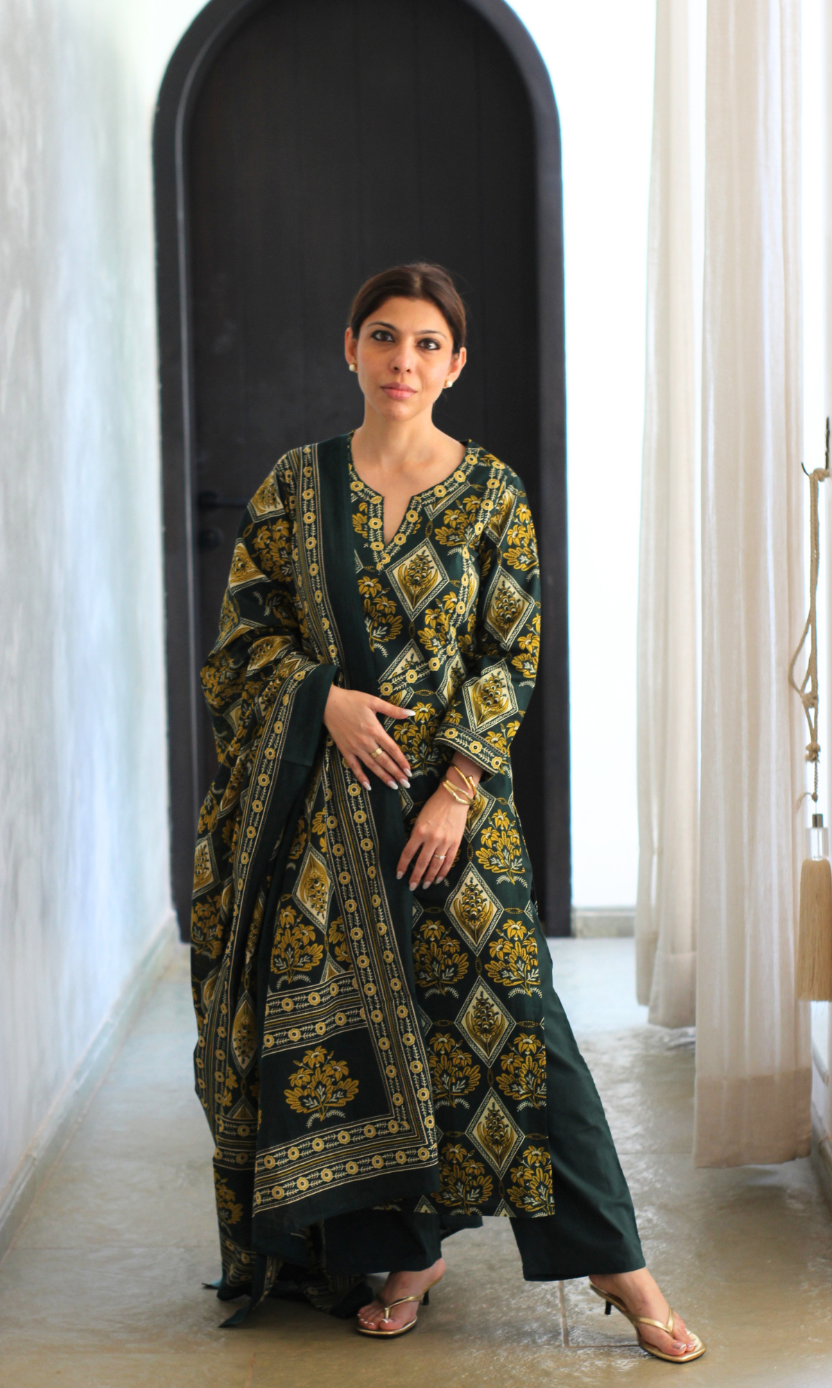 Deep Forest & Yellow Leaf Block Print Kurta, Dupatta & Cotton Pants