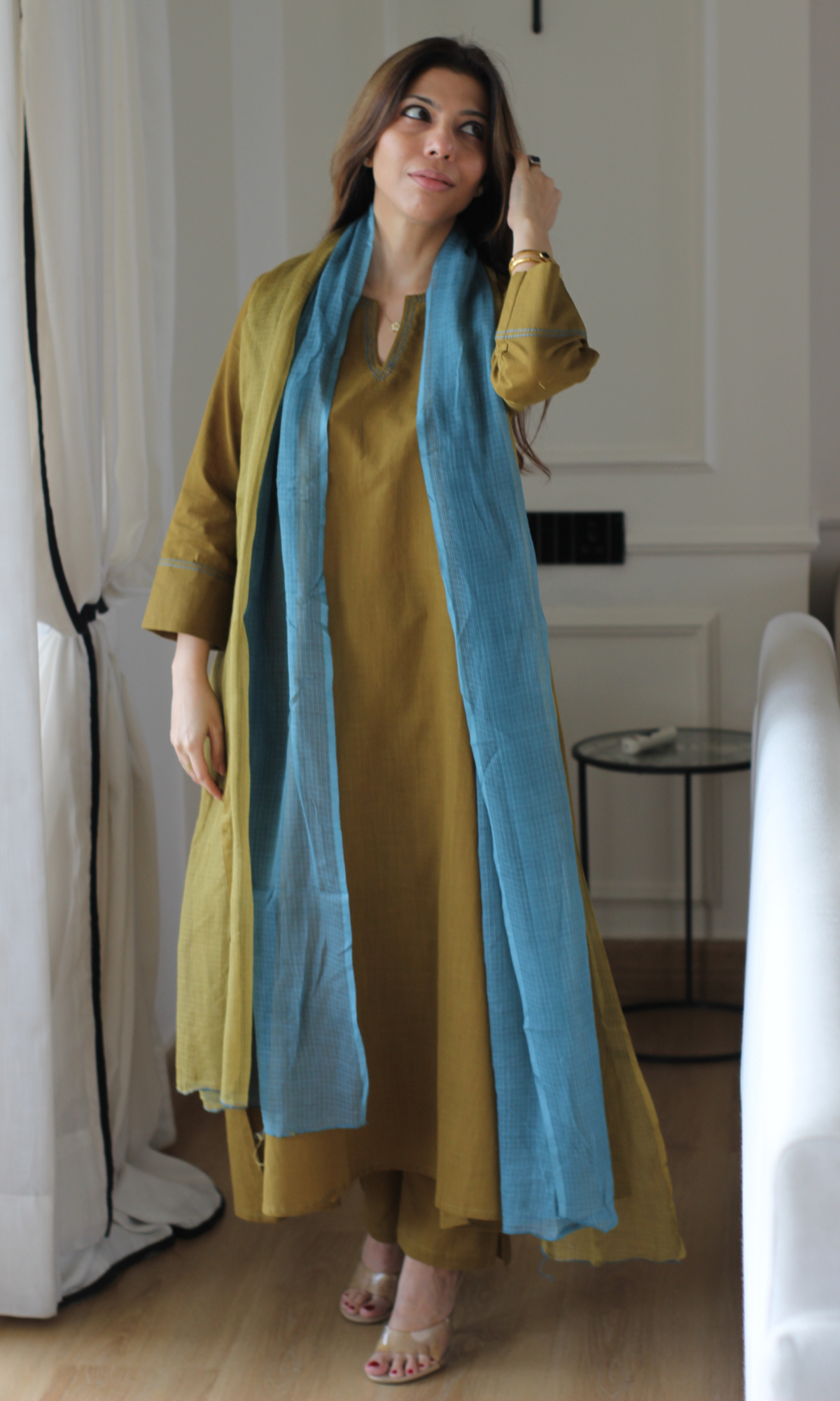 Mehandi Cotton Slub Kali Kurta, Pant & Handpainted Dupatta