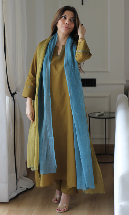 Mehandi Cotton Slub Kali Kurta, Pant & Handpainted Dupatta