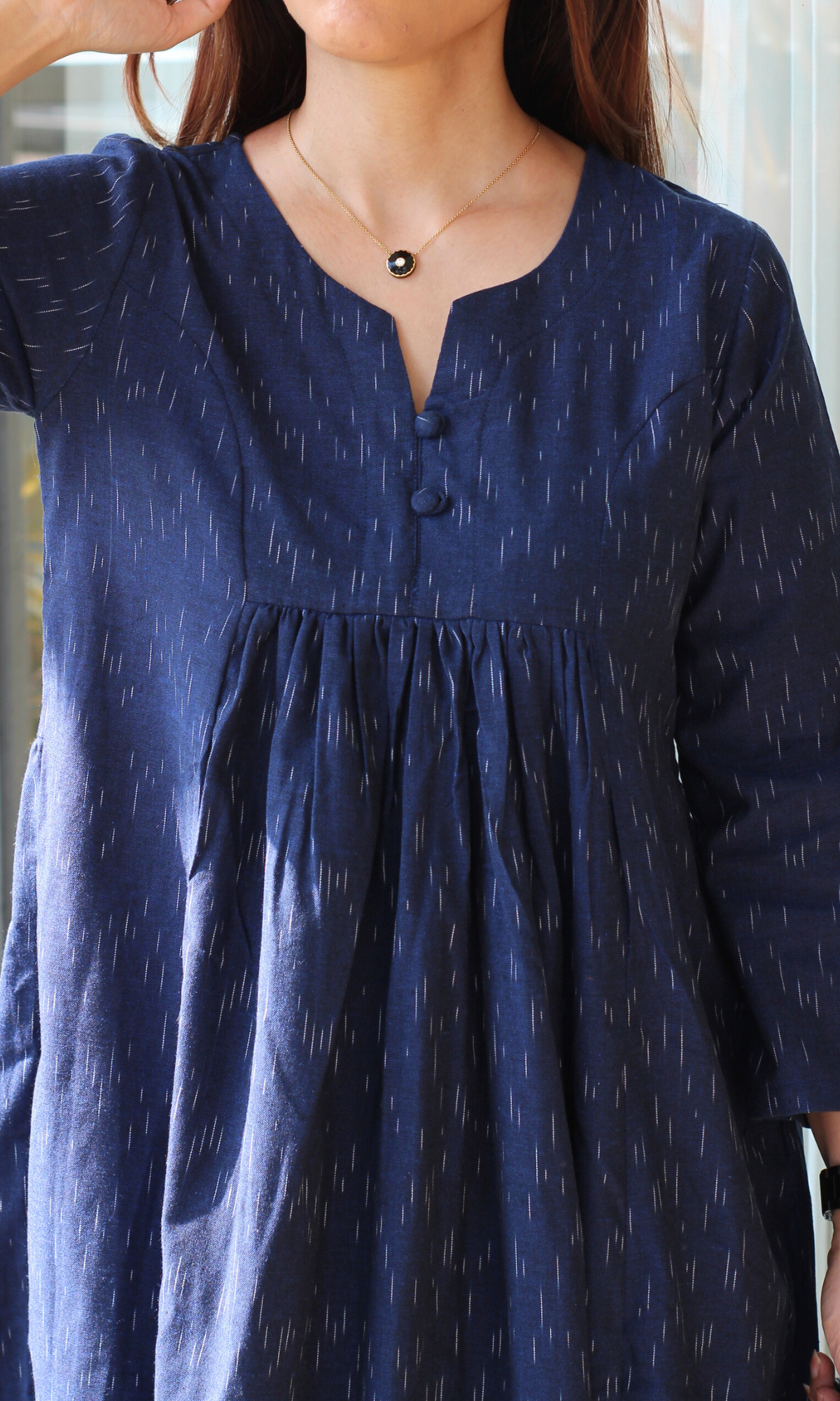 Navy Handloom Cotton Pleated Kurta with Cotton Pants