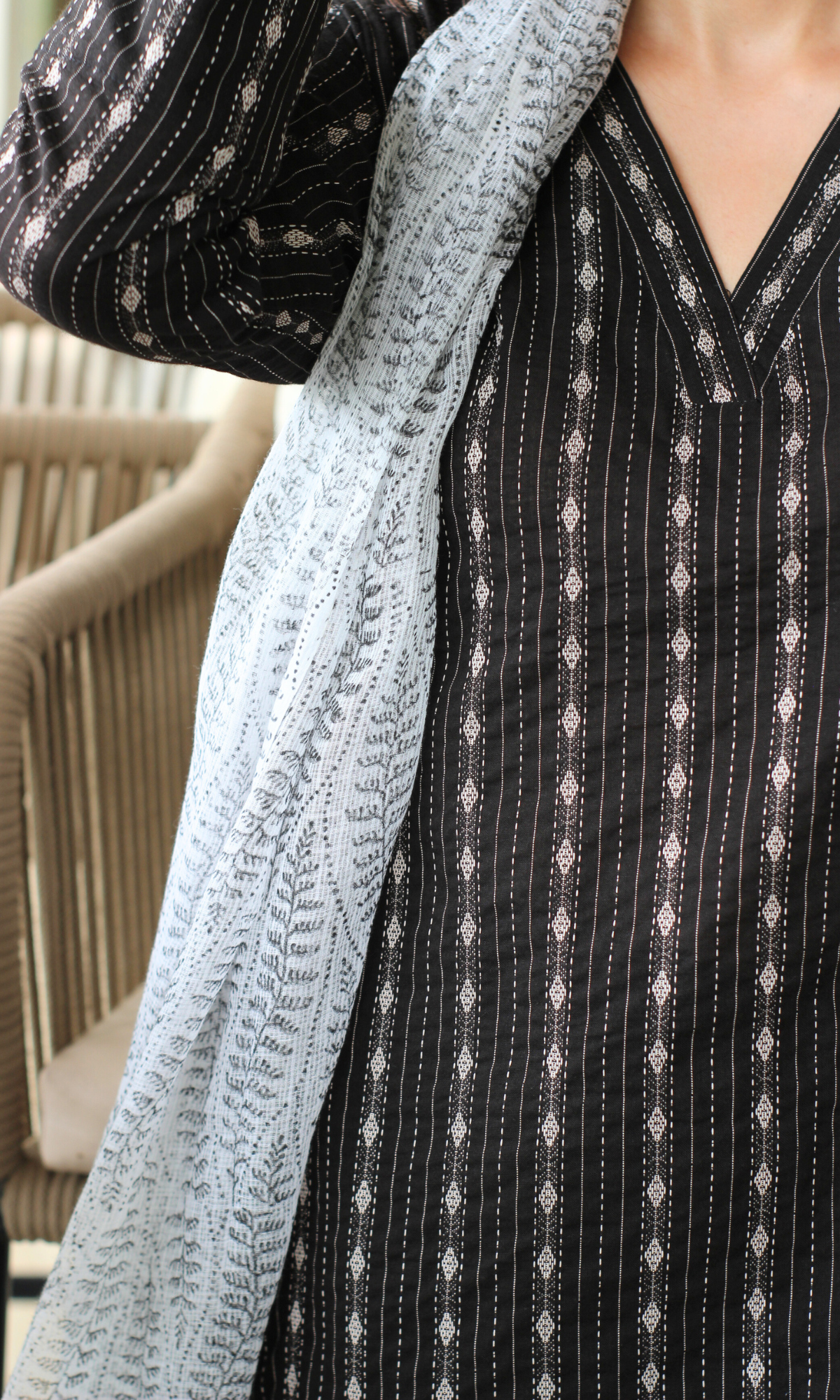 Black Kantha Kurta, Pant & Kota Doria Handblock Printed Dupatta