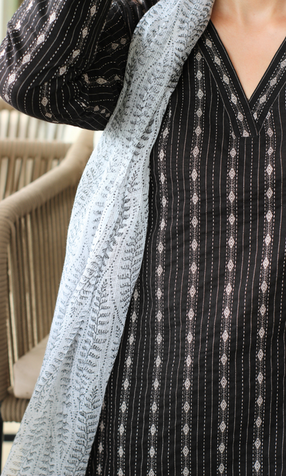 Black Kantha Kurta, Pant & Kota Doria Handblock Printed Dupatta