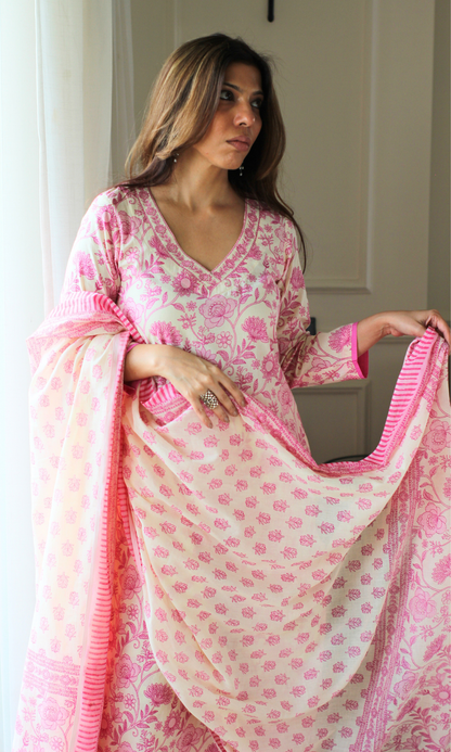 Rose Pink Garden Block Print Cotton Kurta, Afghani Pant and Mul Printed Dupatta