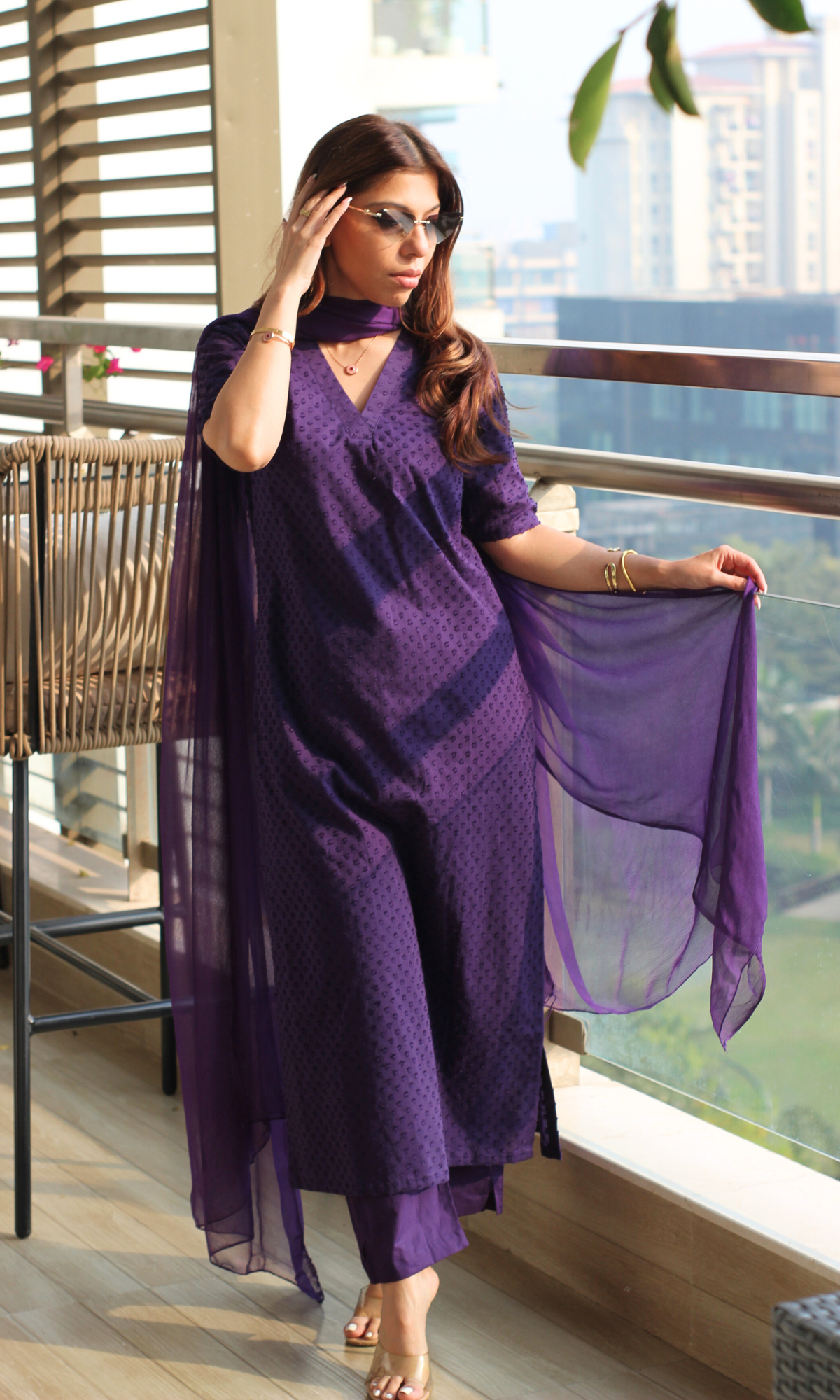 Cotton Purple Dobby Half Sleeves Kurta, Cotton Pants & Chiffon Dupatta