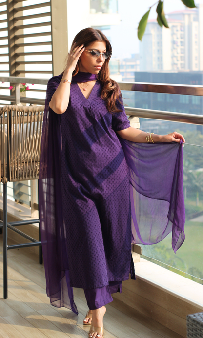 Cotton Purple Dobby Half Sleeves Kurta, Cotton Pants & Chiffon Dupatta