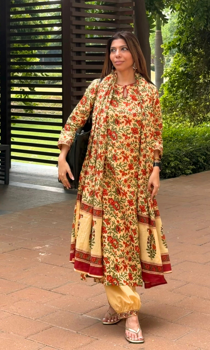 Butter yellow floral block print Kurta, afgani pants & Cotton Printed Dupatta
